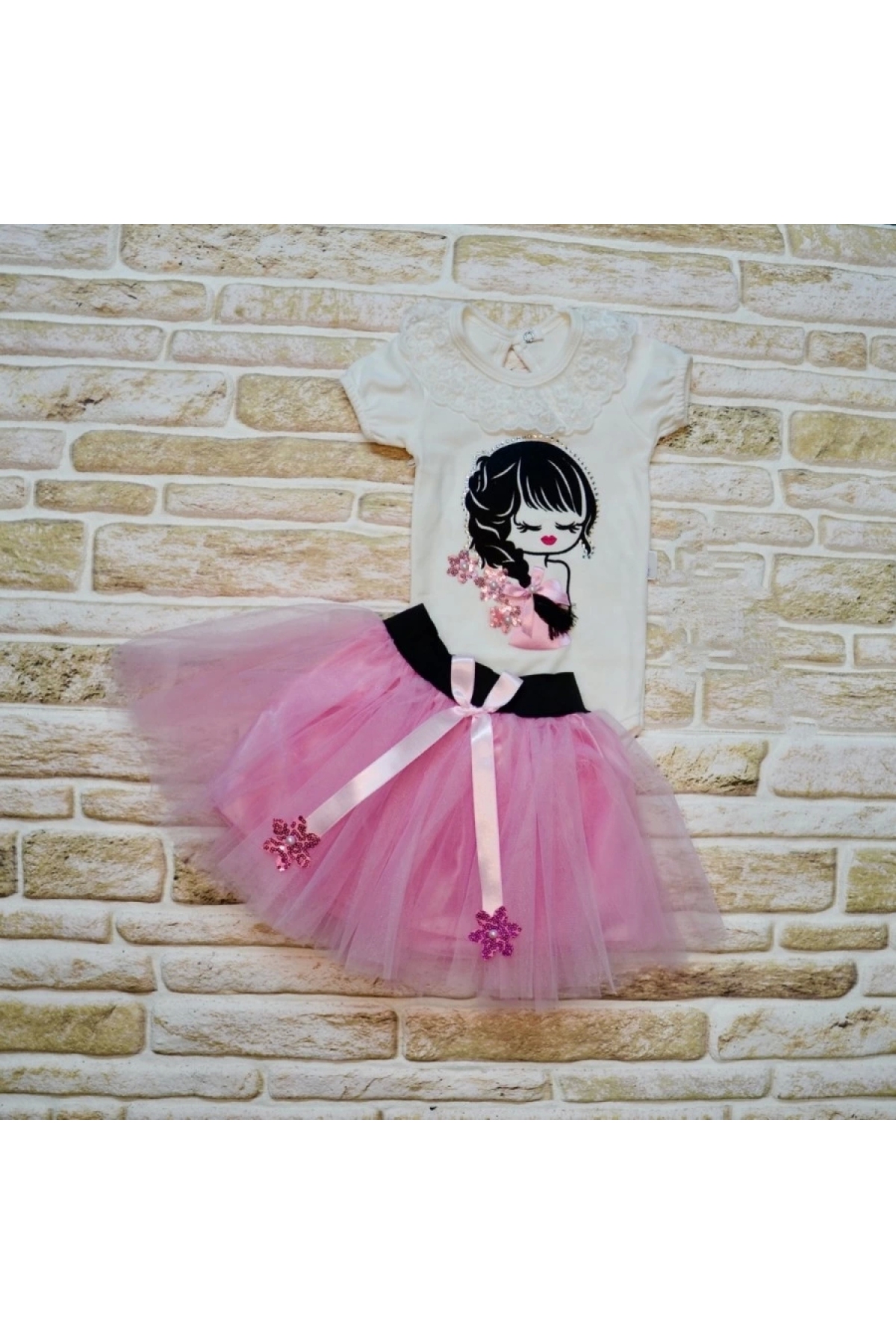 9-12-18 Months Braided Girl Hair Embroidered Ribbon Short Sleeve Tutu Skirt 2-Piece Baby Girl Set