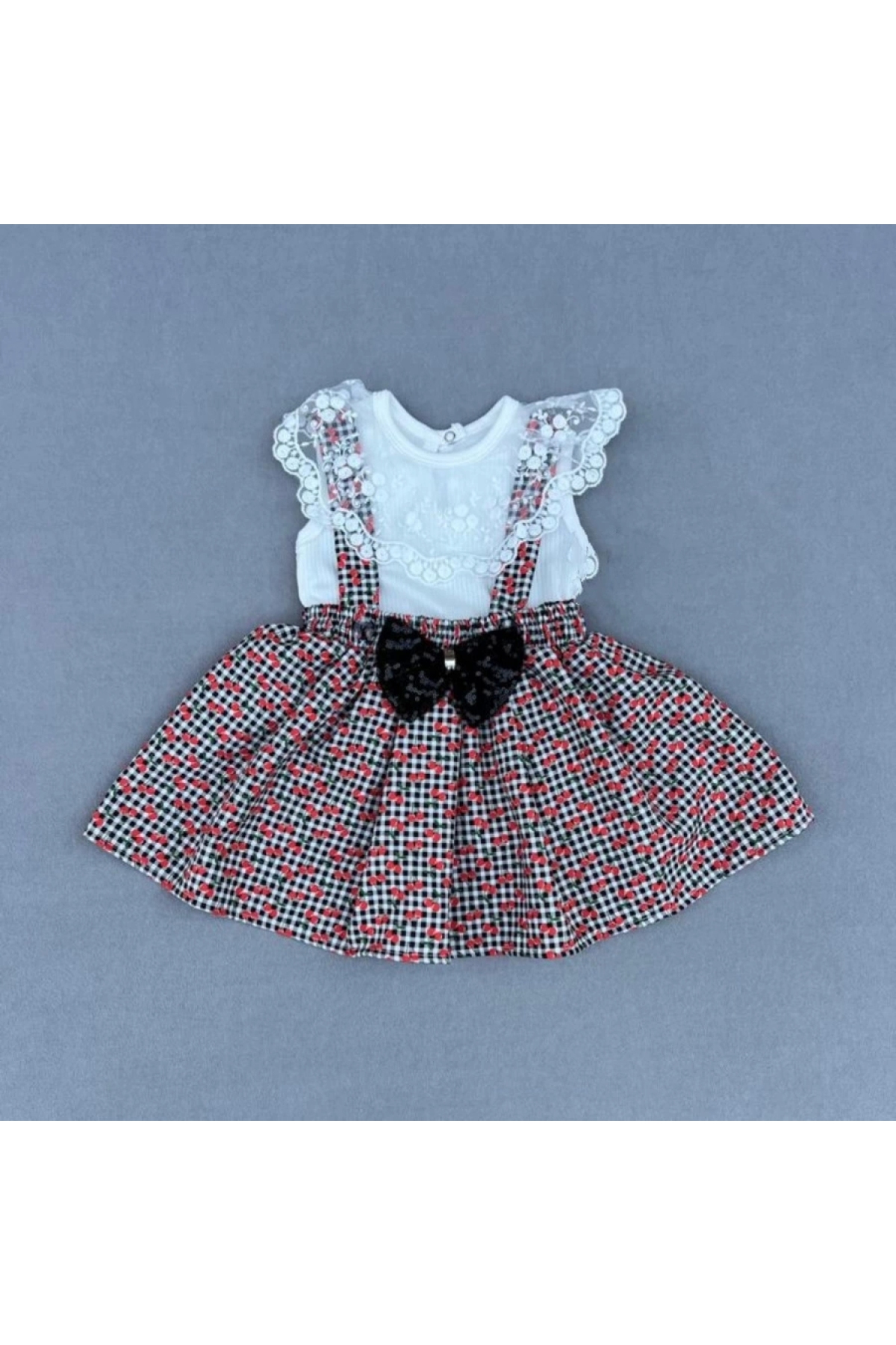 1-2-3 Years Old Cherry Patterned Salopet Bow Skirt Short Sleeve T-Shirt 2-Piece Baby Girl Set