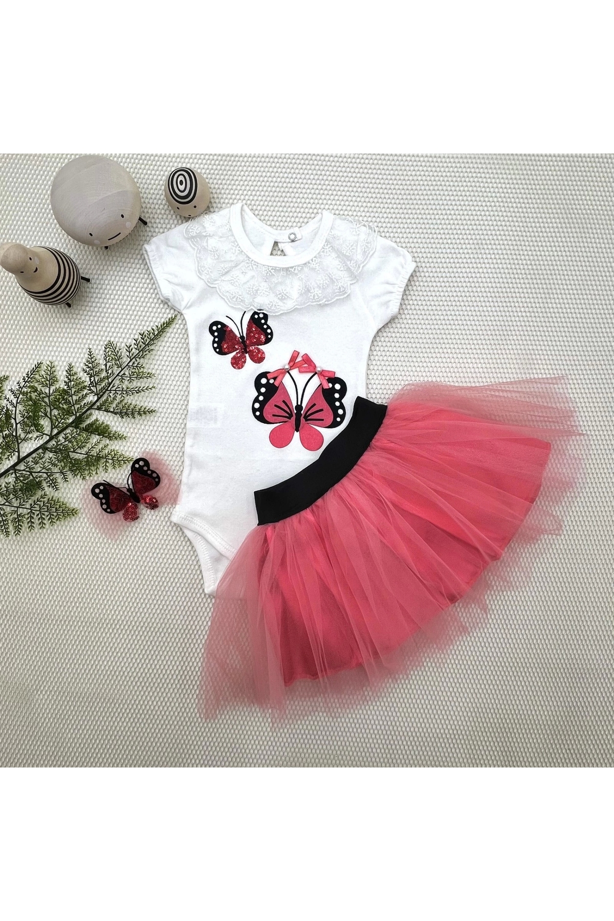 9-12-18 Months Sequined Butterfly Embroidered Crowned Short Sleeve Tutu Skirt 3-Piece Baby Girl Set