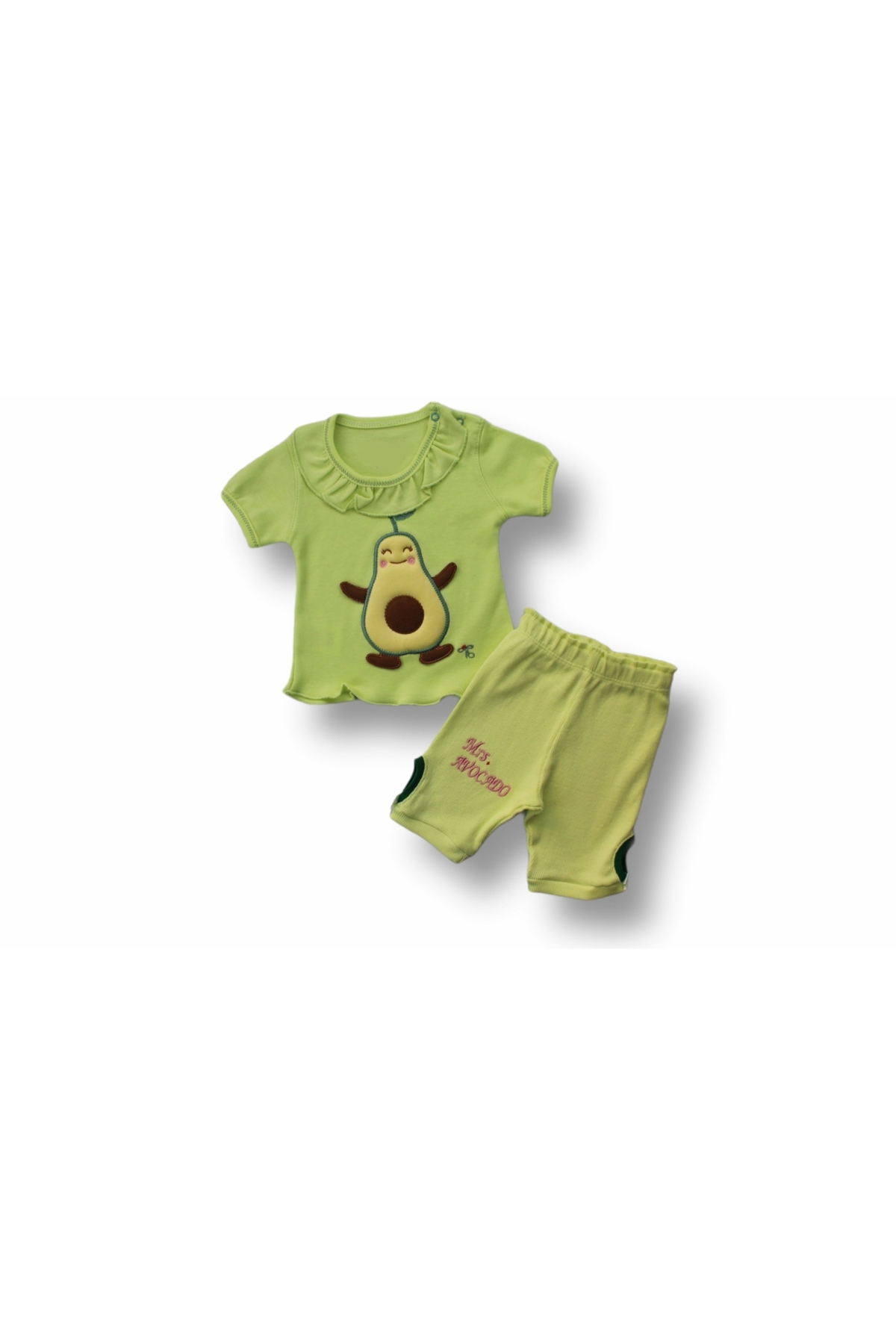 3-6 6-9 9-12 12-18 Months 2-Piece Baby Girl-Boy Set with Avocado Embroidered Short Sleeve Sweat and Shorts