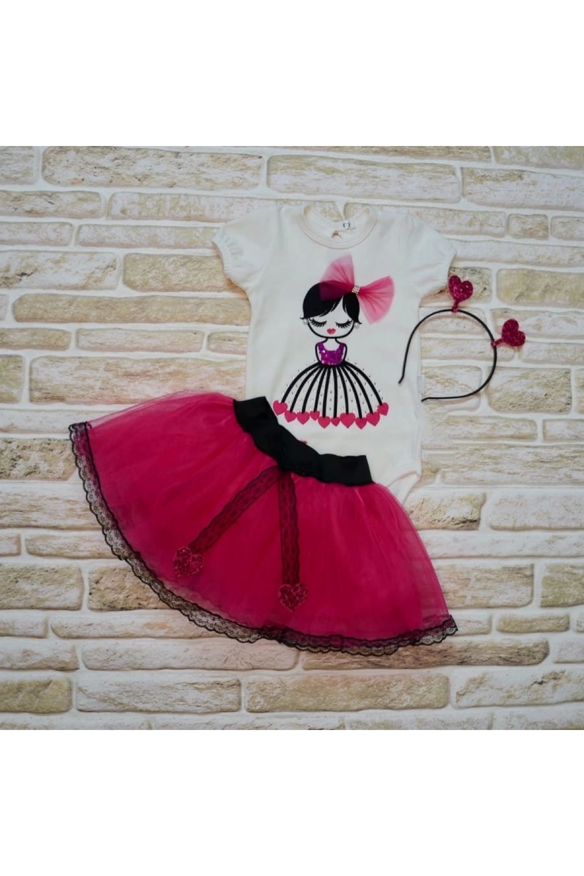 9-12-18 Months Heart Girl Embroidered Crown Short Sleeve Tutu Skirt 3-Piece Baby Girl Set