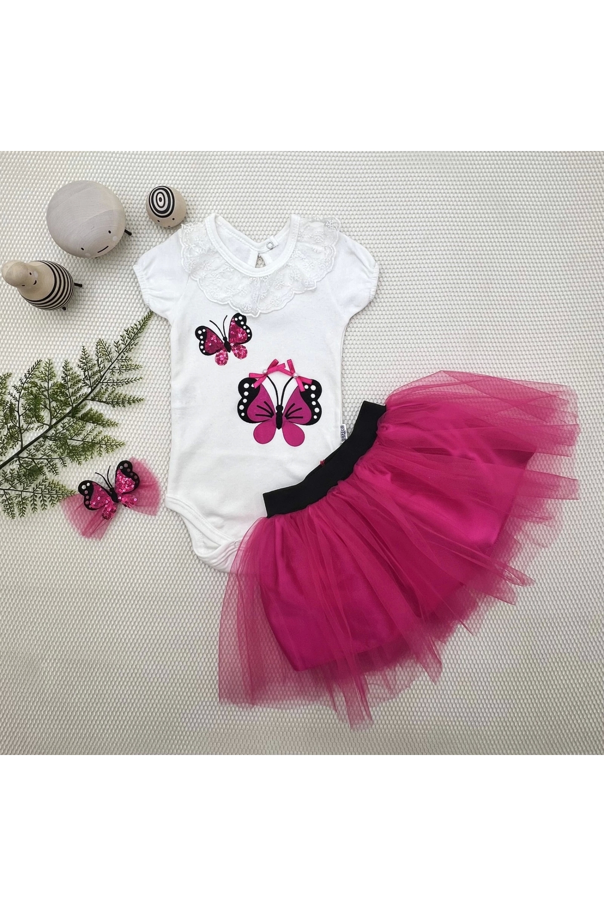 9-12-18 Months Sequined Butterfly Embroidered Crowned Short Sleeve Tutu Skirt 3-Piece Baby Girl Set