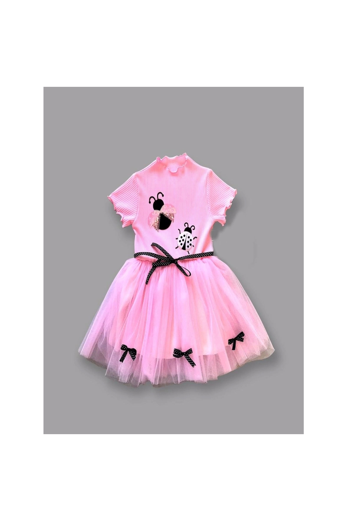 1-2-3 Years Old Ladybug Embroidered Ribbon Sash Girl's Dress