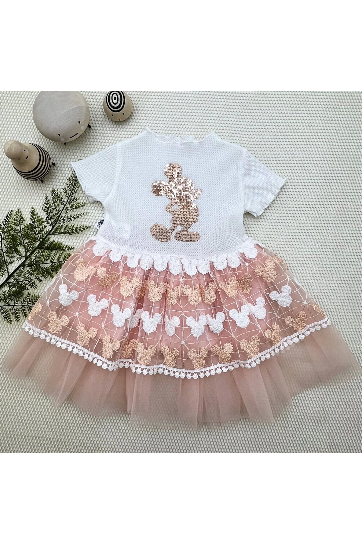 1-2-3 Years Old Sequined Mickey Printed Baby Girl Dress with Embroidery Skirt