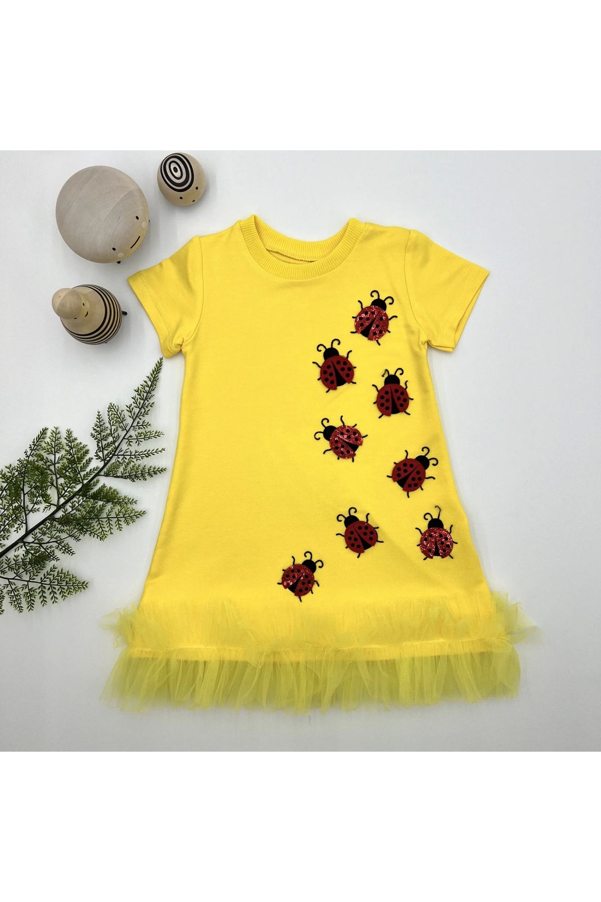 1-2-3 Years Old Ladybug Embroidered Ruffle End Girl's Gilet Dress