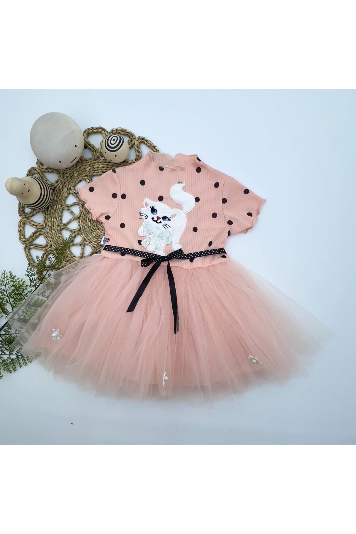 1-2-3 Years Old Sequined Kitten Printed Polka Dot Baby Girl Dress