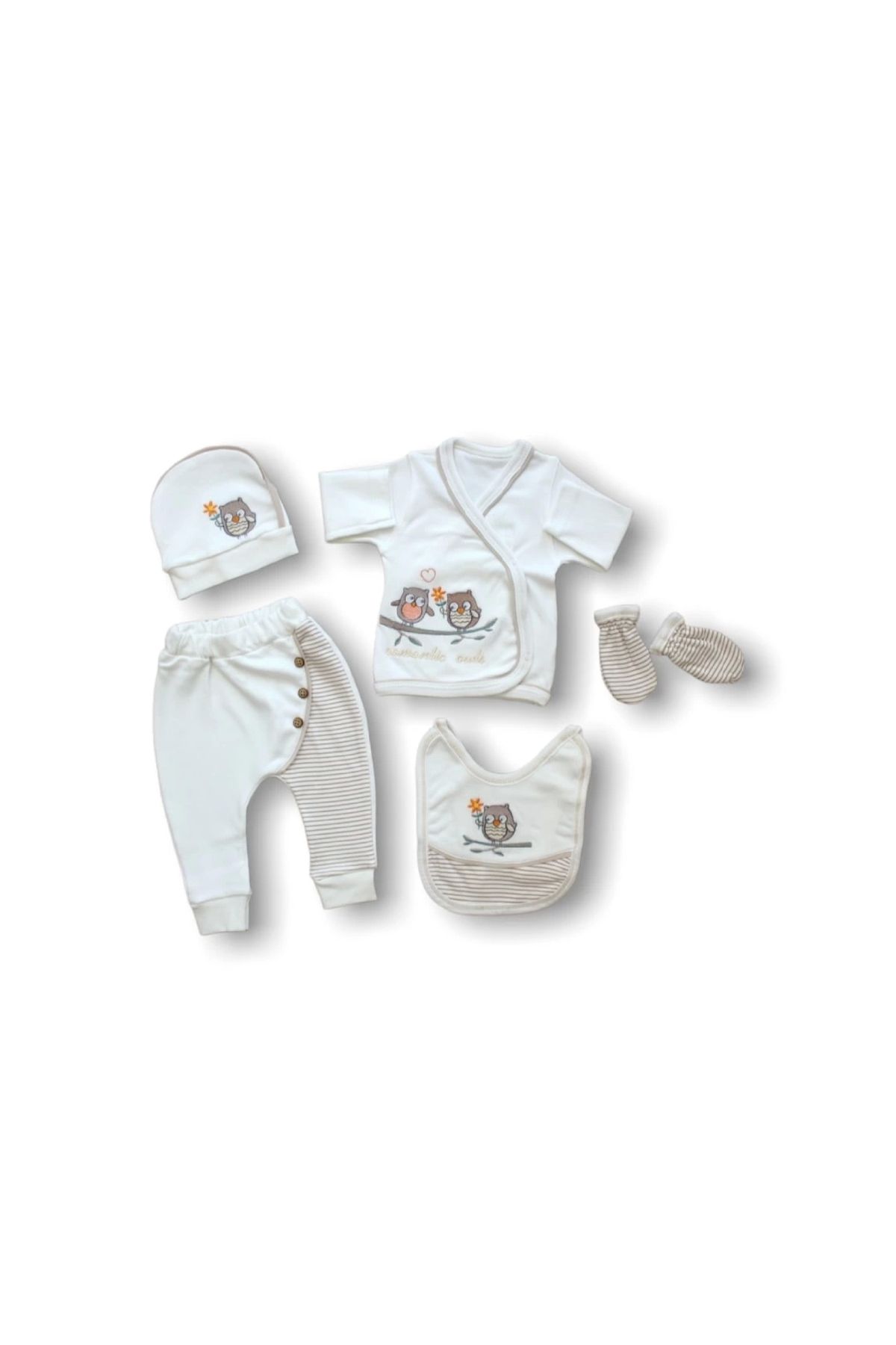 Romantic Double Owl Embroidered 100% Cotton Antibacterial 5-Piece Bodysuit Set Hospital Exit
