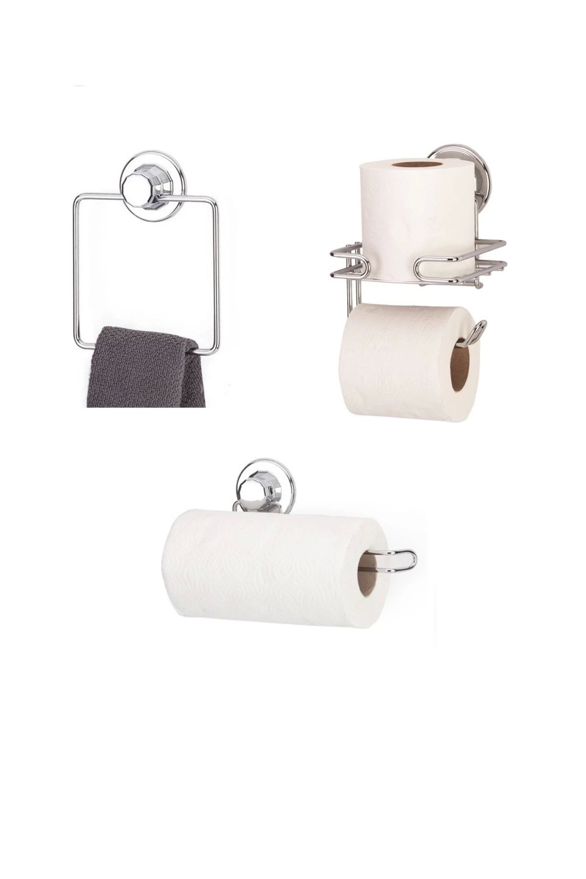 Evistro Hem Vakumlu Hem Vidalı Banyo Aksesuarı 3 Lü Set Kare Havluluk Tuvalet Kağıtlığı Kağıt Havlu Askı