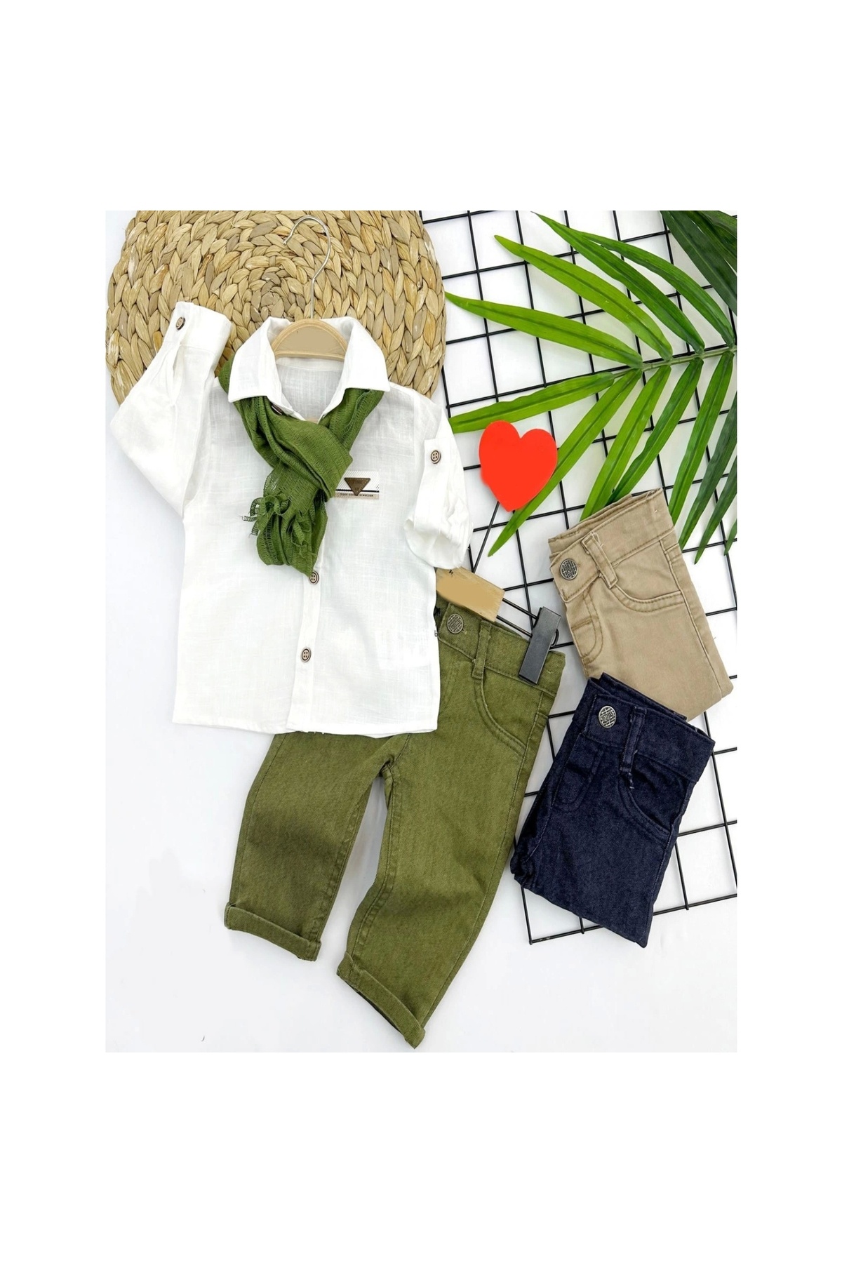 3-Piece Baby Boy Set with Scarf, Cotton Linen Shirt and Trousers for 9-12-18-24 Months and 3-4-5 Years Old
