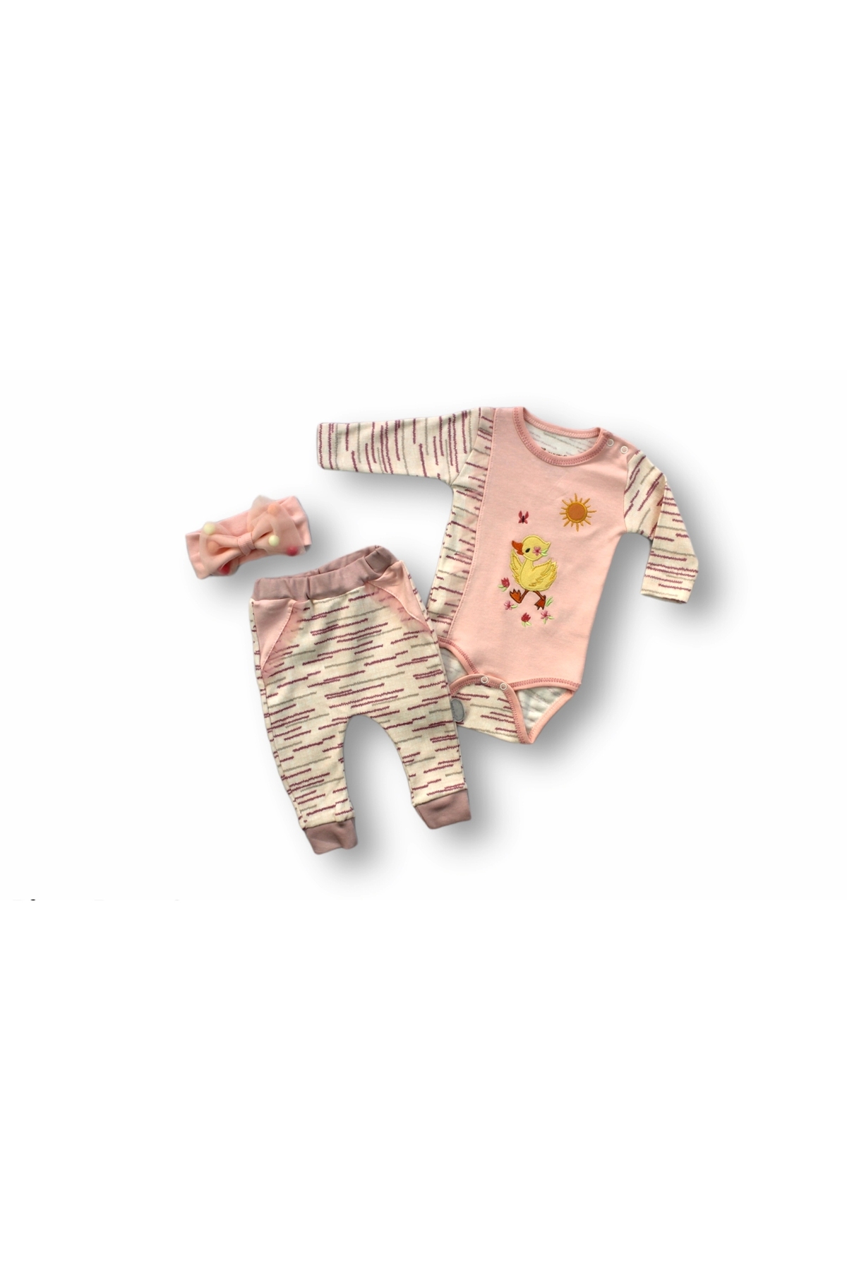 3-6 6-9 9-12 Months 3-Piece Baby Girl Set with Fancy Duck Embroidery Hat and Long Sleeve Bodysuit