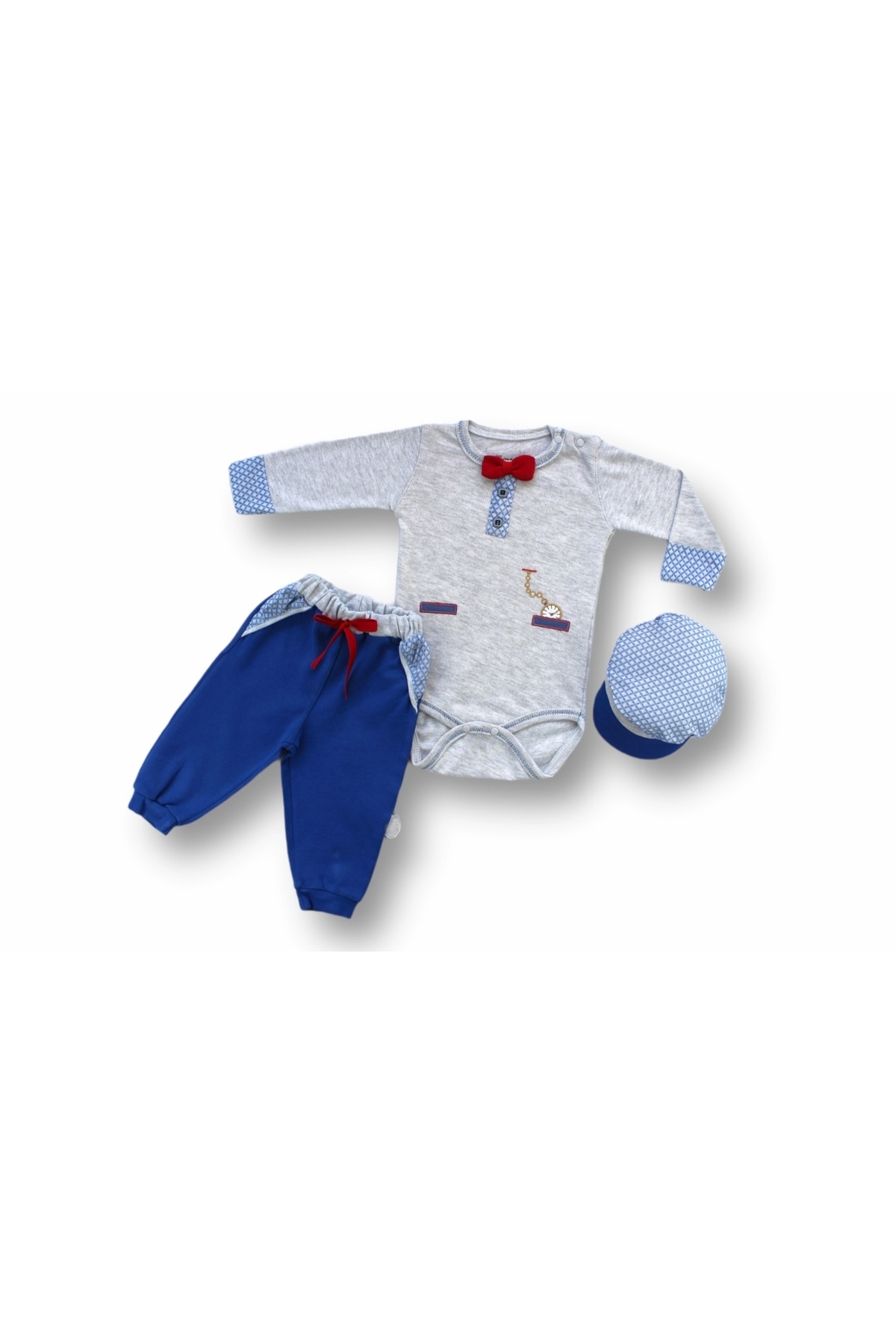 3-6 6-9 9-12 Months 3-Piece Baby Boy Set with Pocket Watch, Embroidered Hat, Long Sleeves and Bodysuit