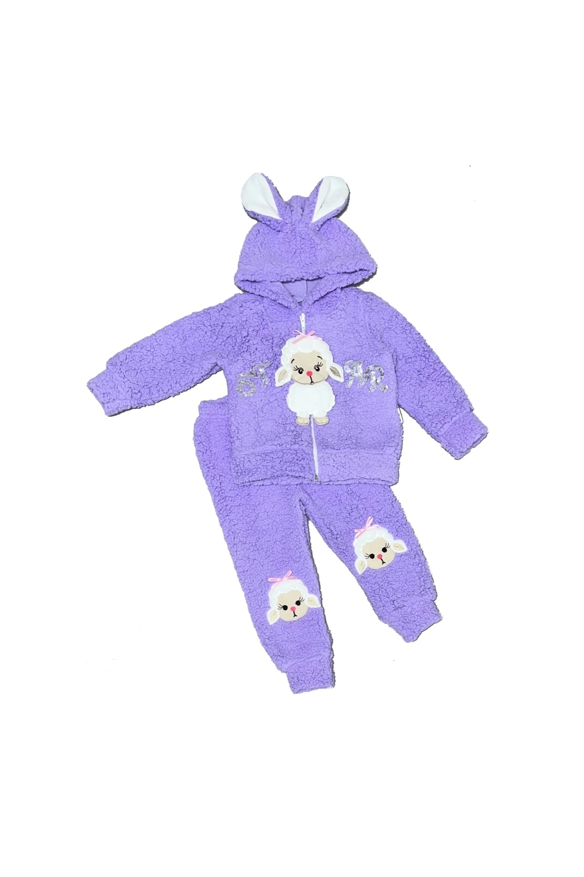 9-12-18 Months Star Lamb Embroidered Hoodie with Ears Lamb Fabric Long Sleeve Baby Girl Set of 2