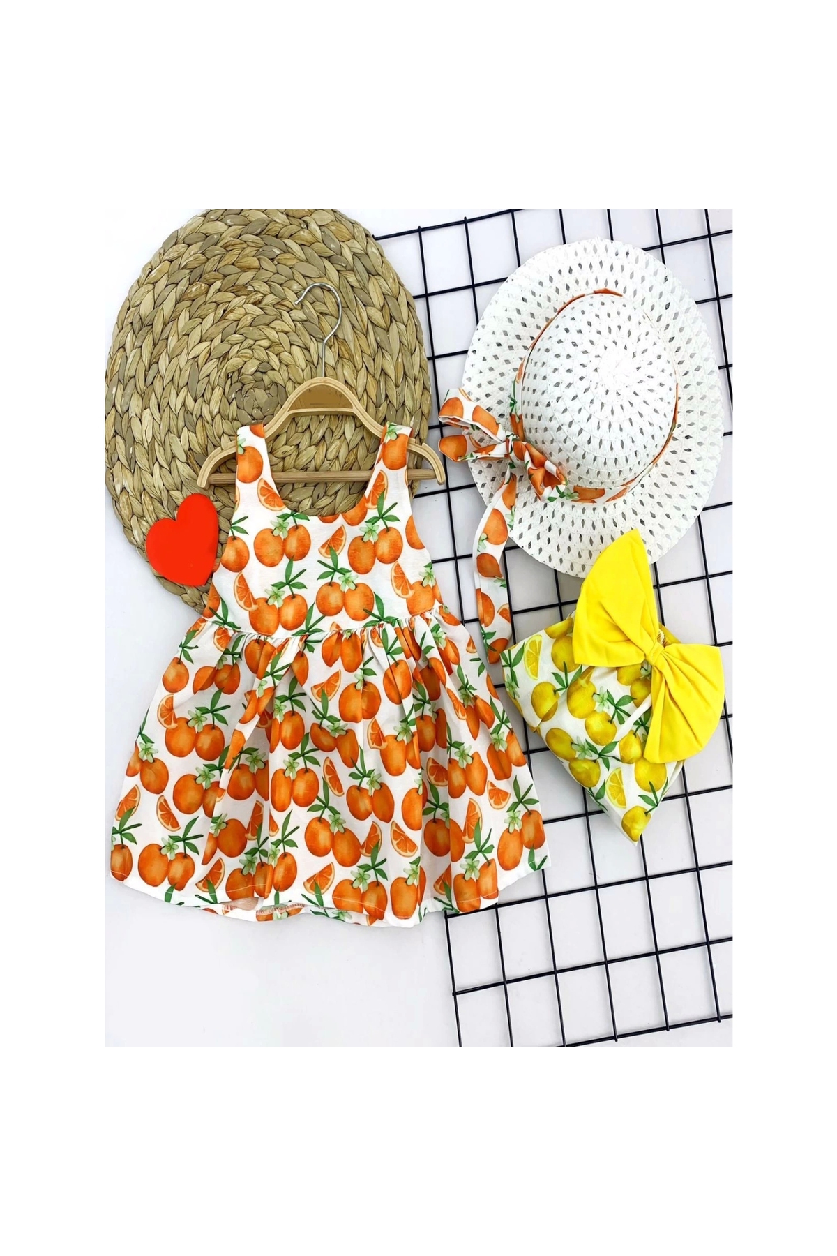 9-12-18-24 Months Straw Hat Fruit Patterned Strappy 2-Piece Baby Girl Dress