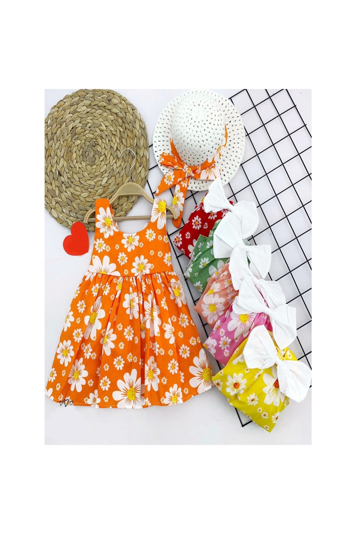 9-12-18-24 Months Straw Hat Daisy Patterned Strappy 2-Piece Baby Girl Dress