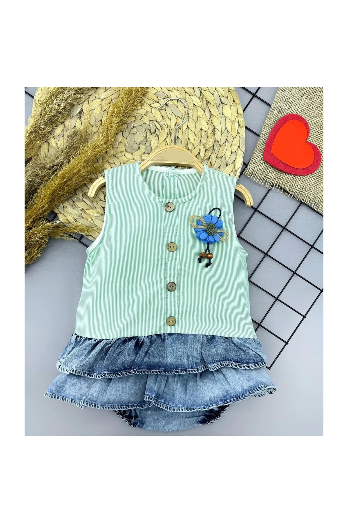 6-9-12-18 Months Rose Rosette Detailed Denim Pantyhose Skirt Baby Girl Dress