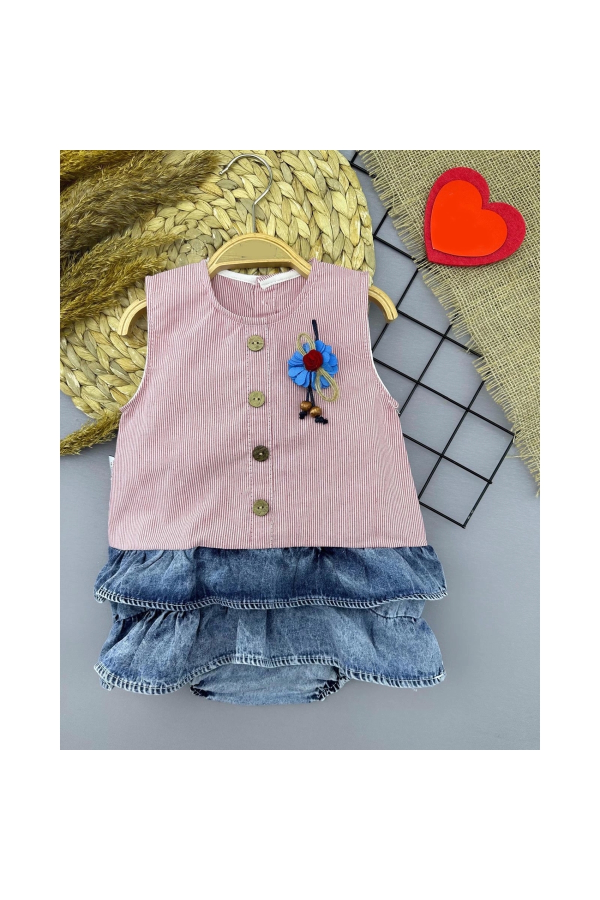 6-9-12-18 Months Rose Rosette Detailed Denim Pantyhose Skirt Baby Girl Dress