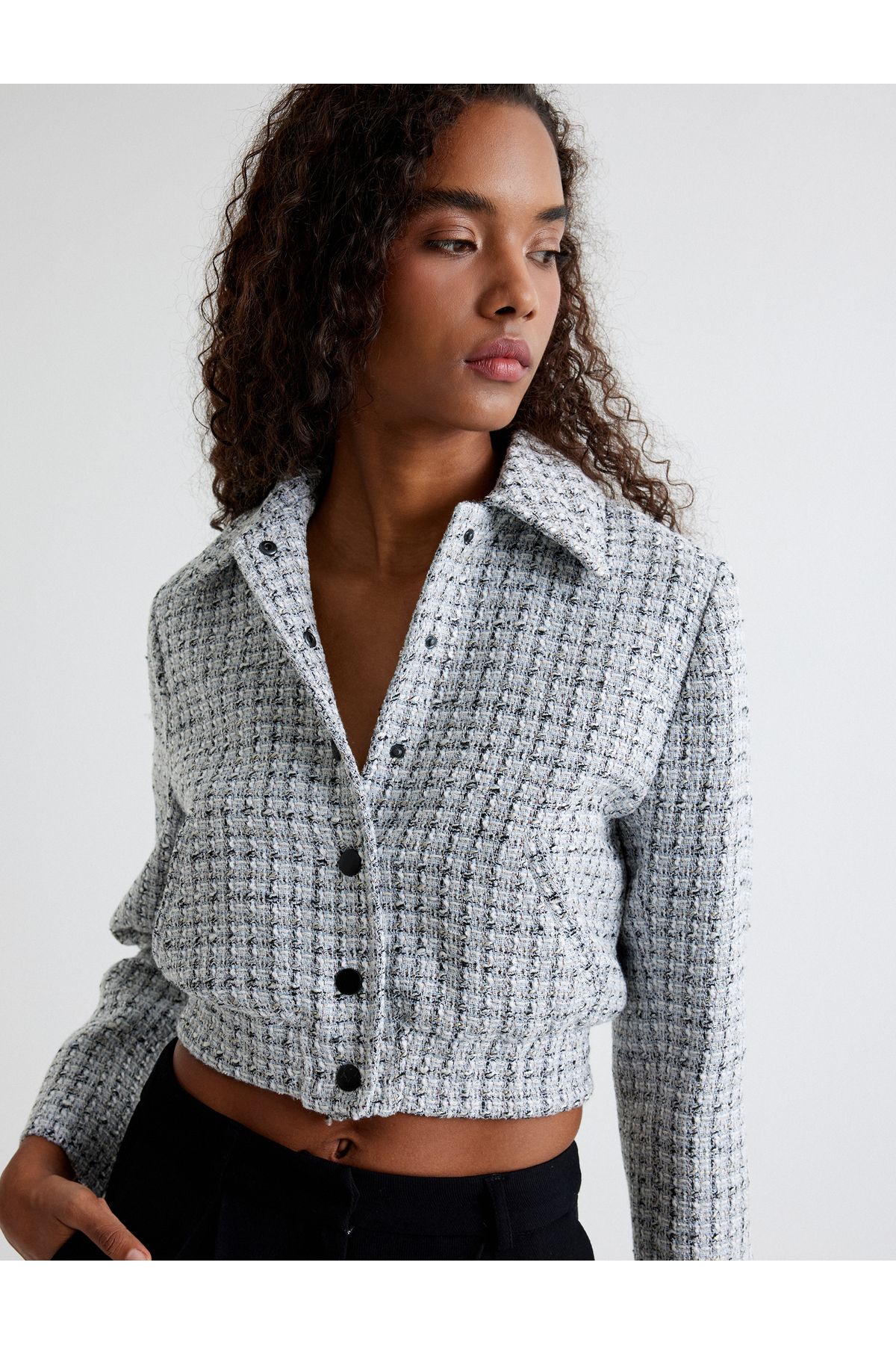 Tweed Bomber ژاکت جیبی پیراهن یقه دکمه دار