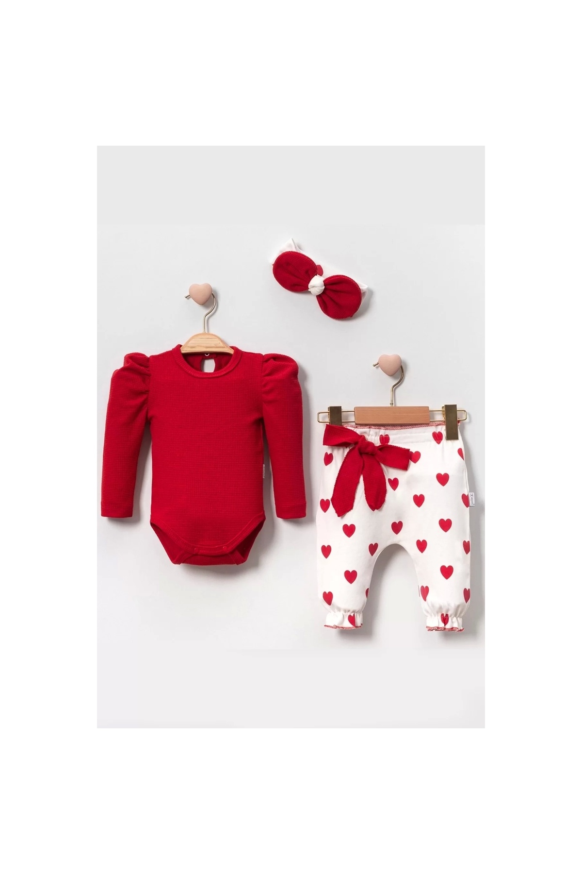 Heart Printed Bandana 3-Piece Luxury Waffle Baby Girl Set