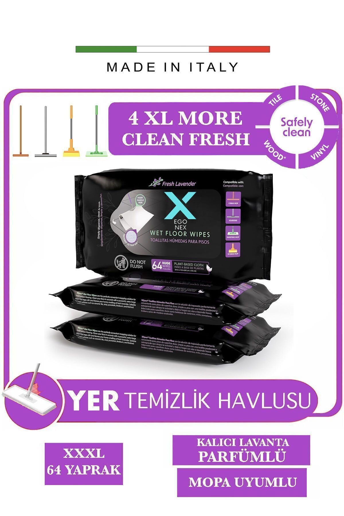 Egonex 64 Yaprak Clean Fresh Mandallı Mop Uyumlu Temizlik Havlusu Lavanta Katkılı Yer 4xl