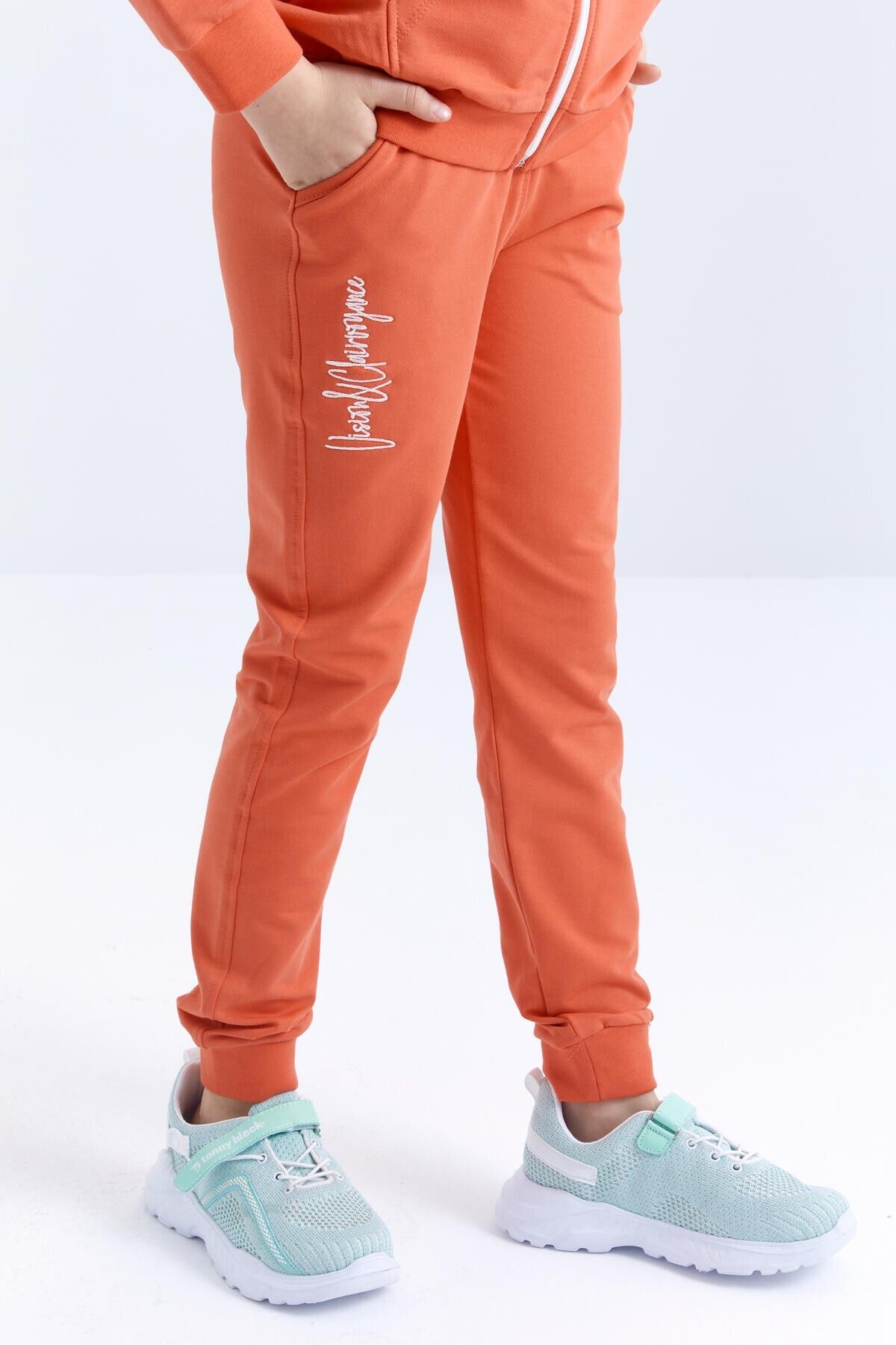 TOMMY LIFE-Trainingsanzug-Set für Mädchen – orangefarbene Textstickerei, Kapuze, bequeme Form – 75057 2