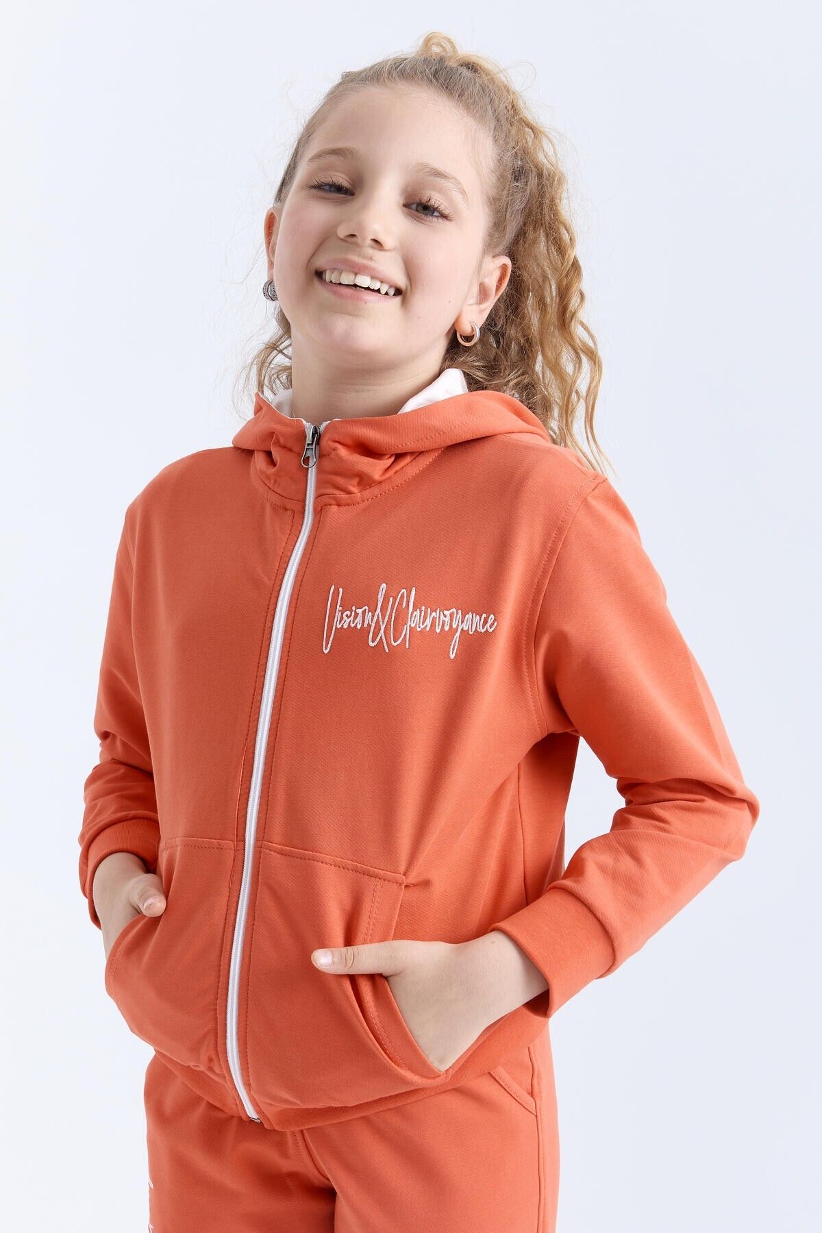 TOMMY LIFE-Trainingsanzug-Set für Mädchen – orangefarbene Textstickerei, Kapuze, bequeme Form – 75057 6