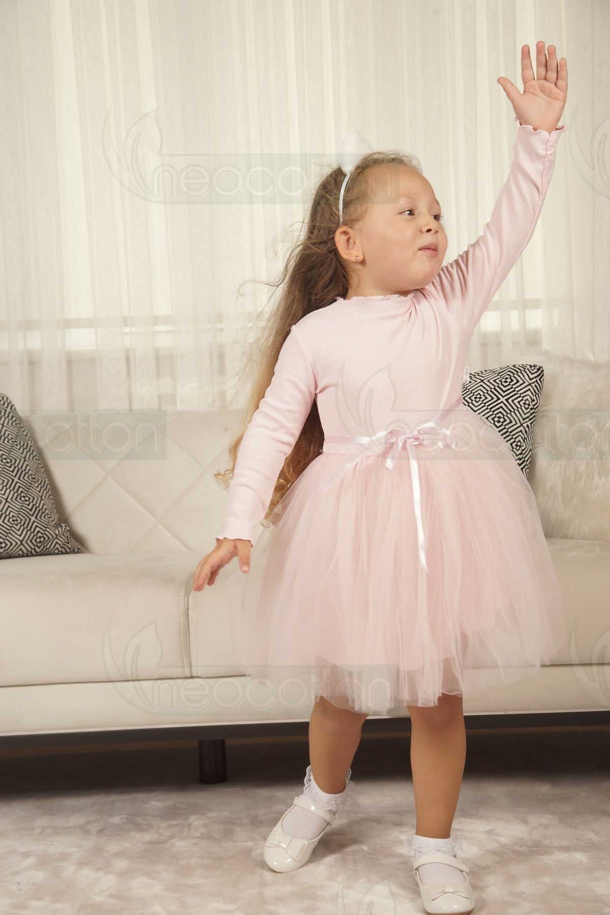neocotton-Rochie de prințesă cu mânecă lungă, cu tul și căptușeală cu nervuri fără imprimeuri, pentru fete 1