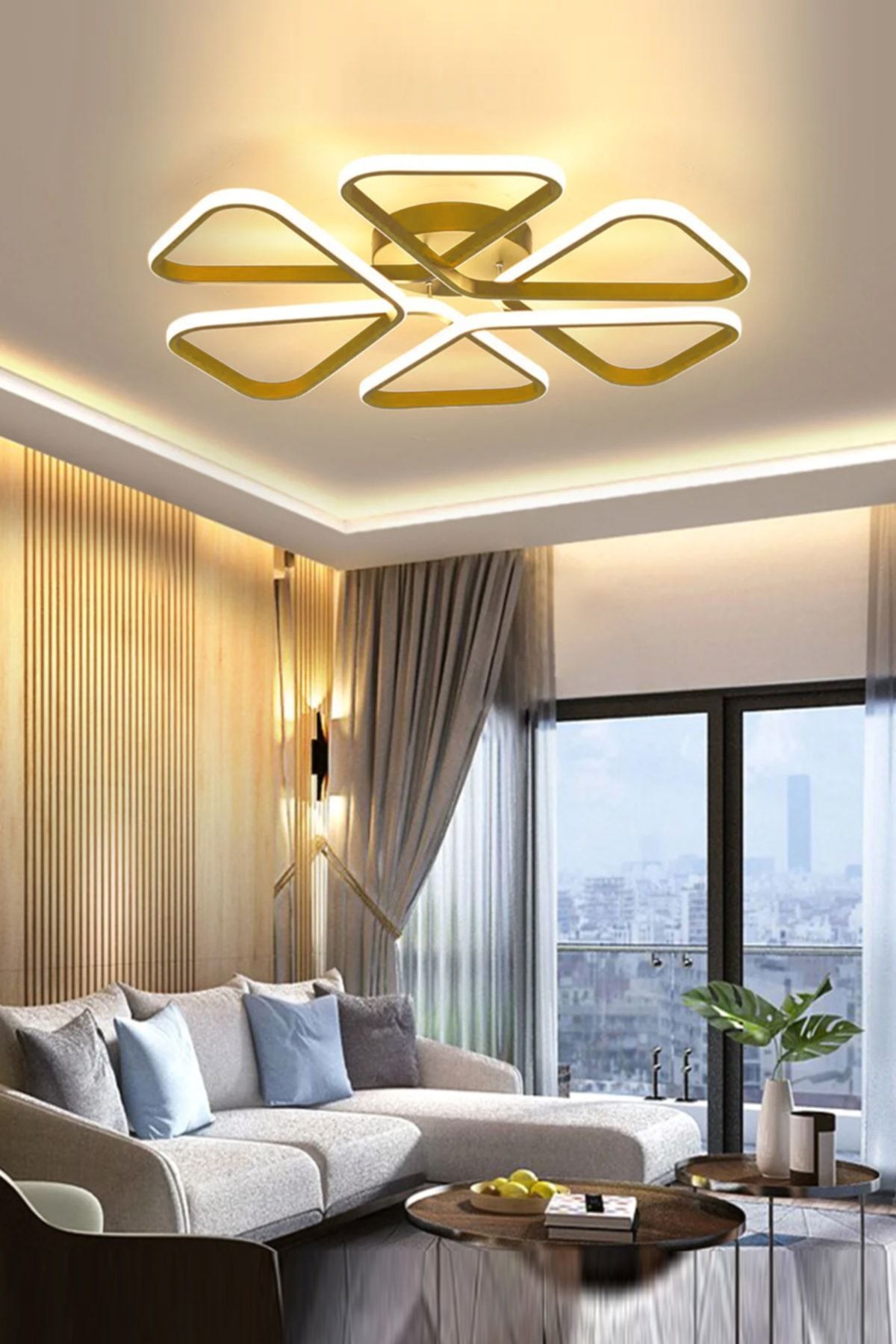 Sambuka Modern Gold Kasa Beyaz Ledli Altılı Ledli Avize