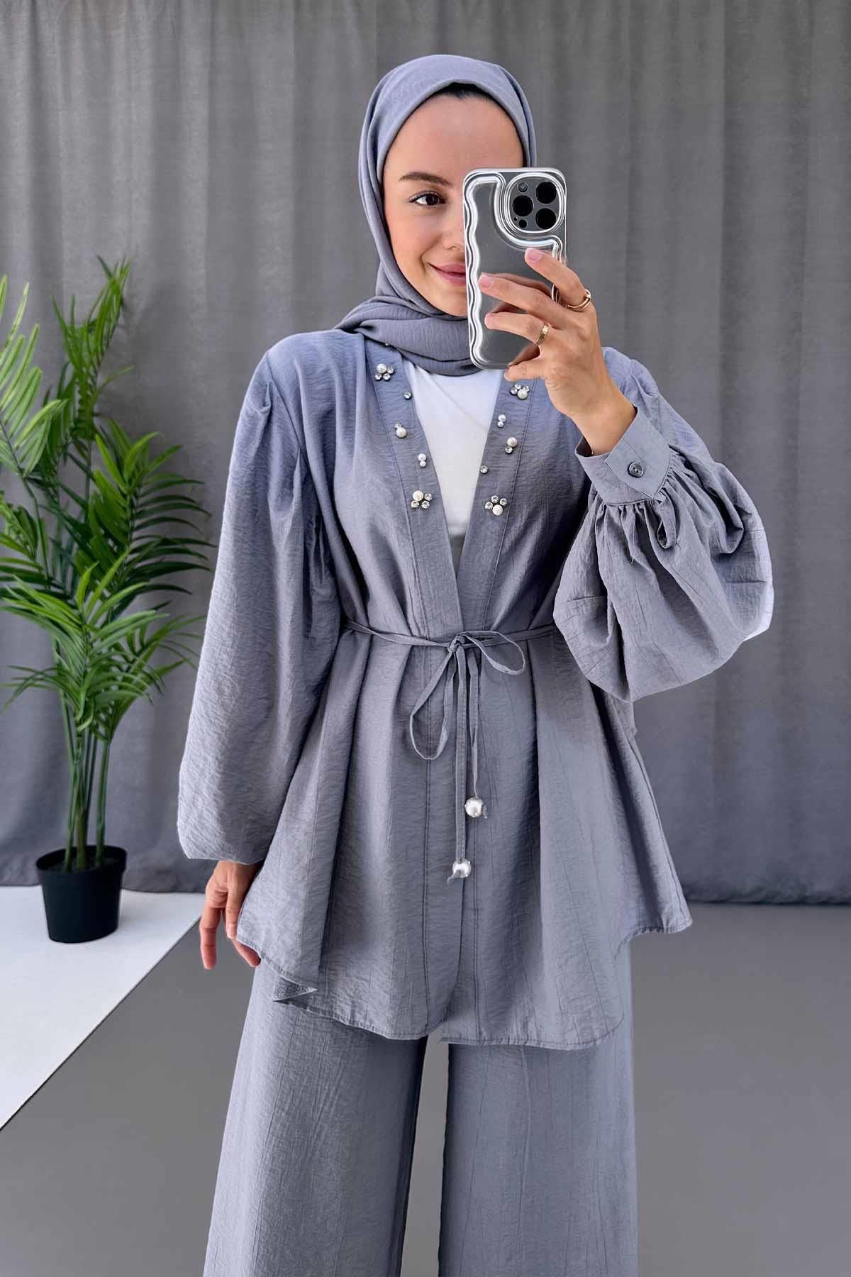 Ka Hijab-Gray Pearl Detailed Kimon Set 3
