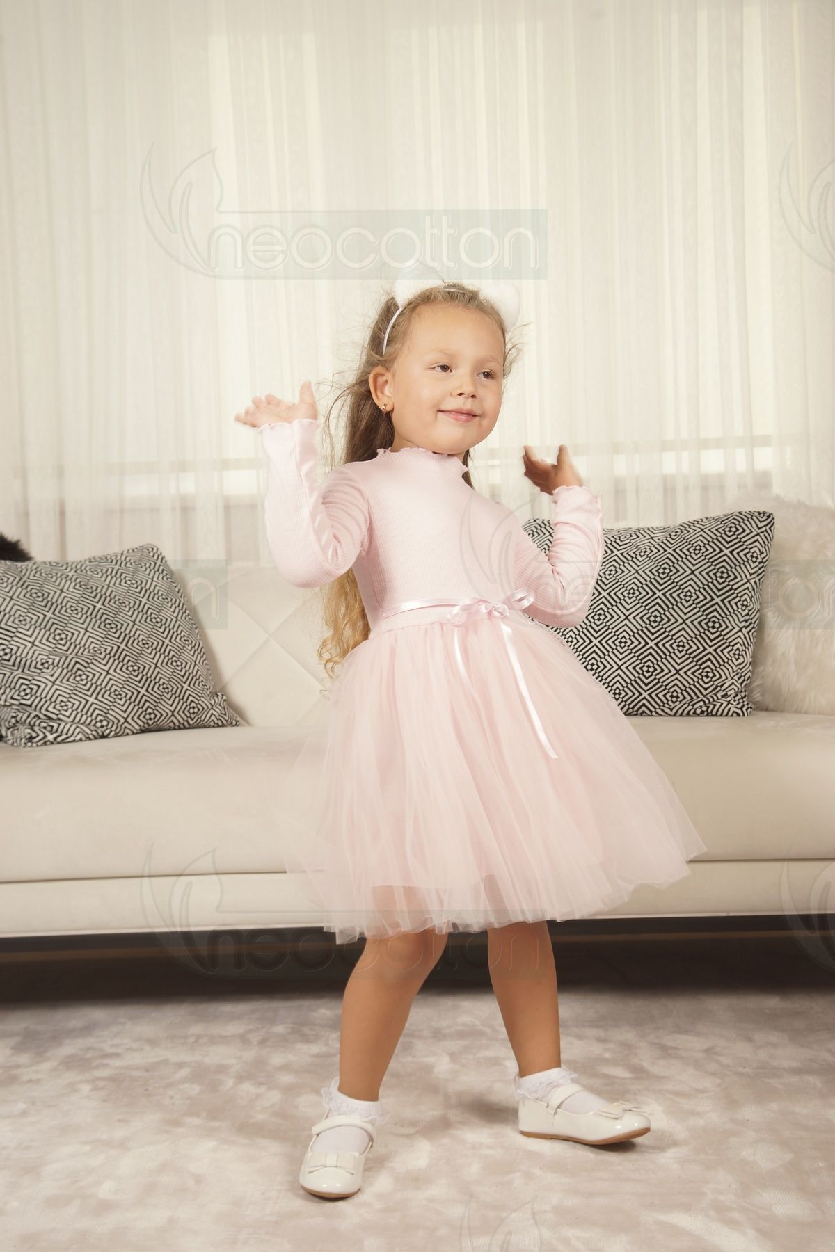 neocotton-Rochie de prințesă cu mânecă lungă, cu tul și căptușeală cu nervuri fără imprimeuri, pentru fete 7