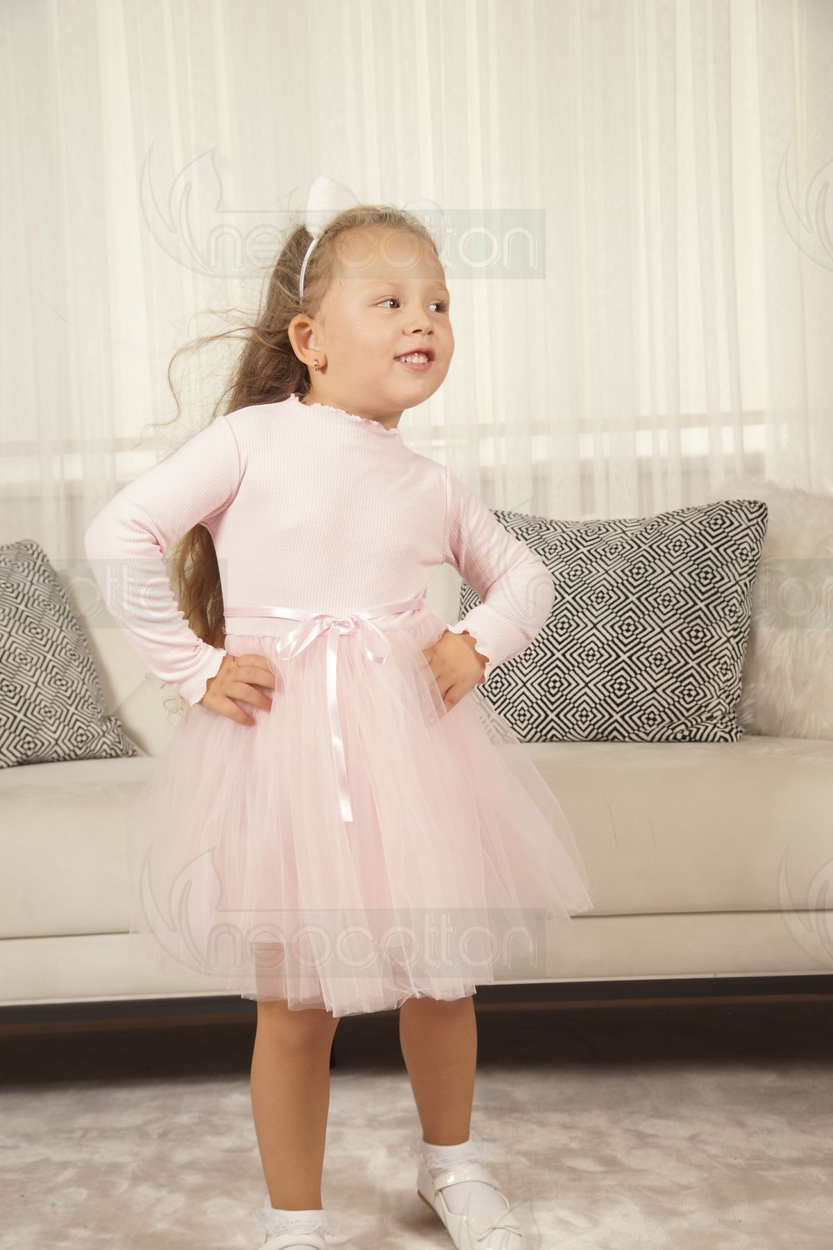 neocotton-Rochie de prințesă cu mânecă lungă, cu tul și căptușeală cu nervuri fără imprimeuri, pentru fete 4
