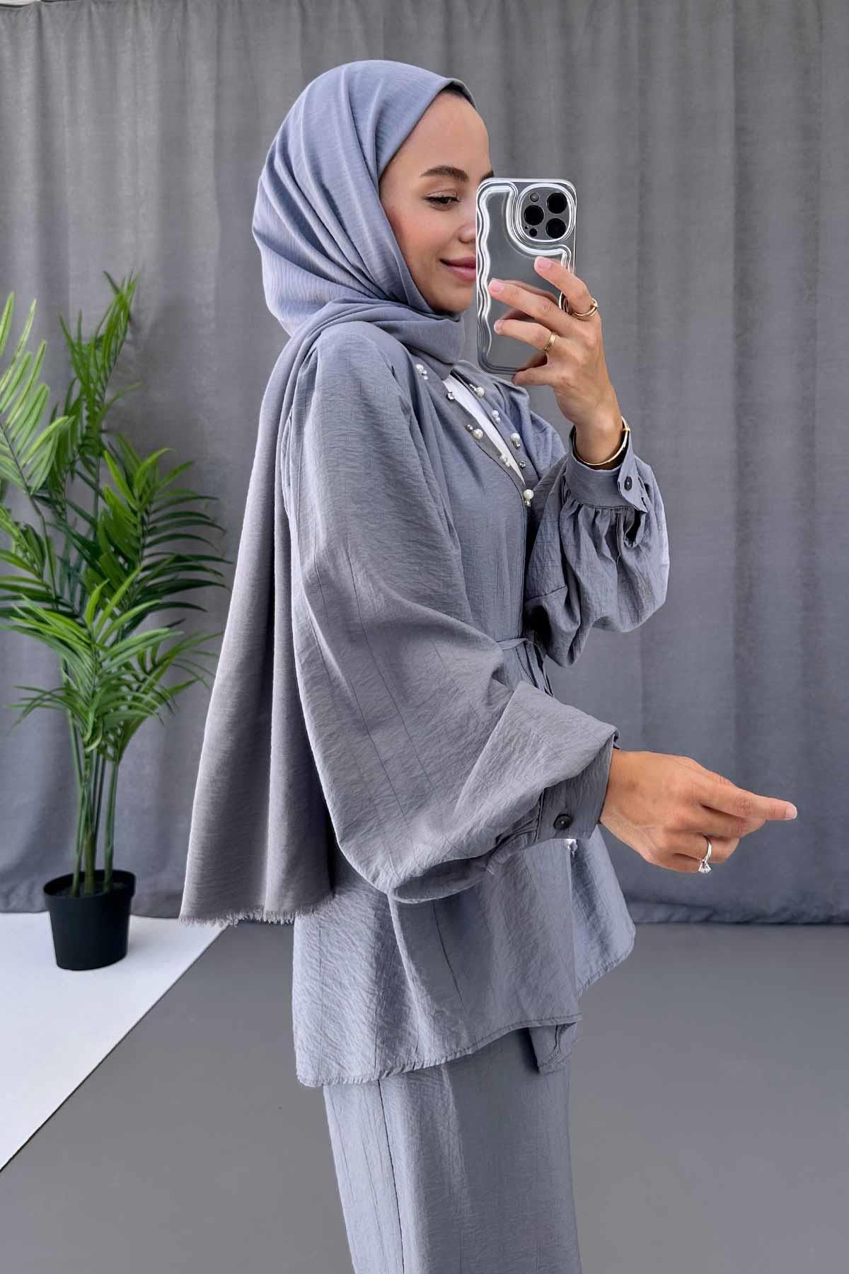 Ka Hijab-Gray Pearl Detailed Kimon Set 2