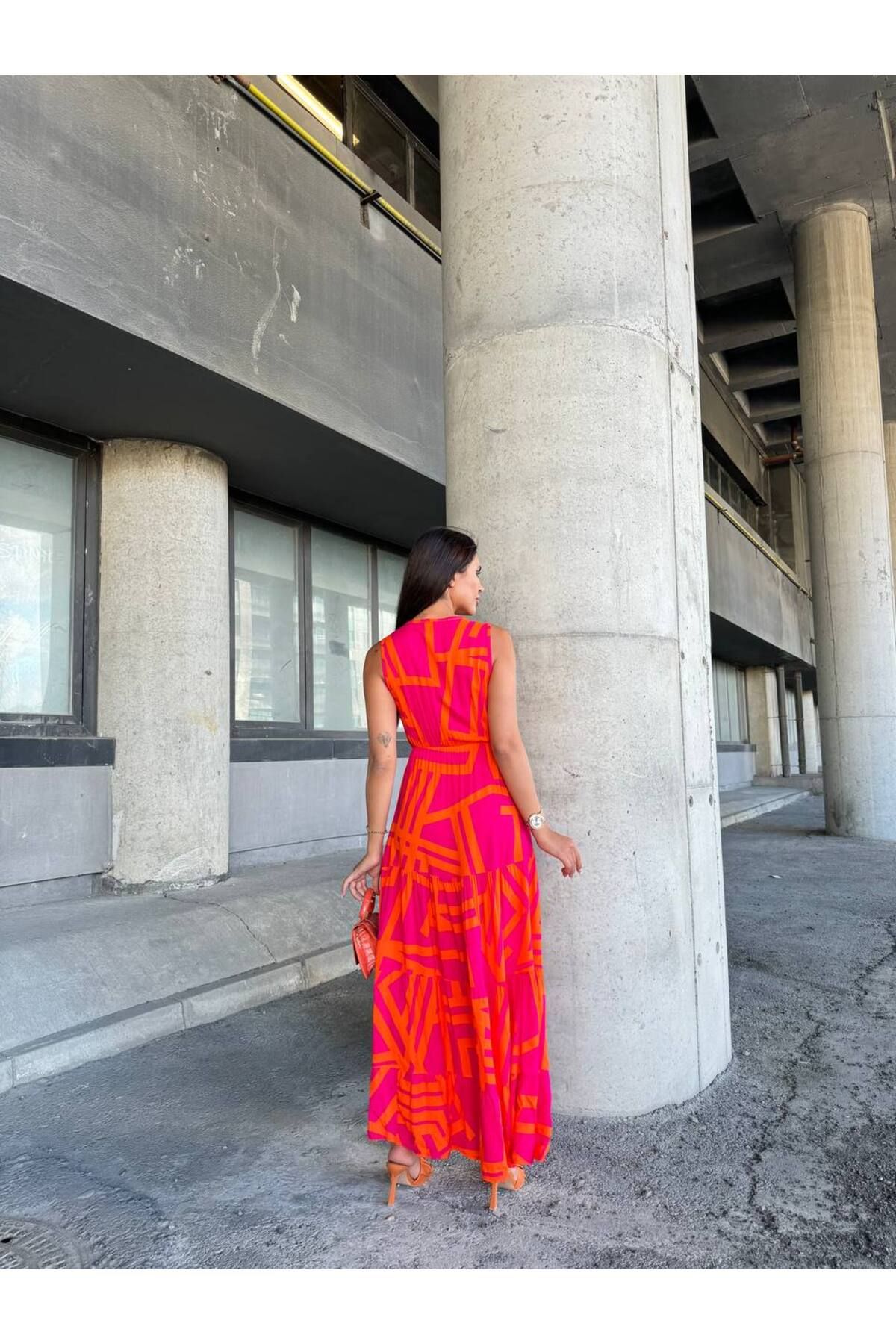 HARMONY GLOBAL-Rochie de vară lungime maxi din viscoză - portocaliu-fucsia, guler dublu, imprimeu și talie elastică 0060 5