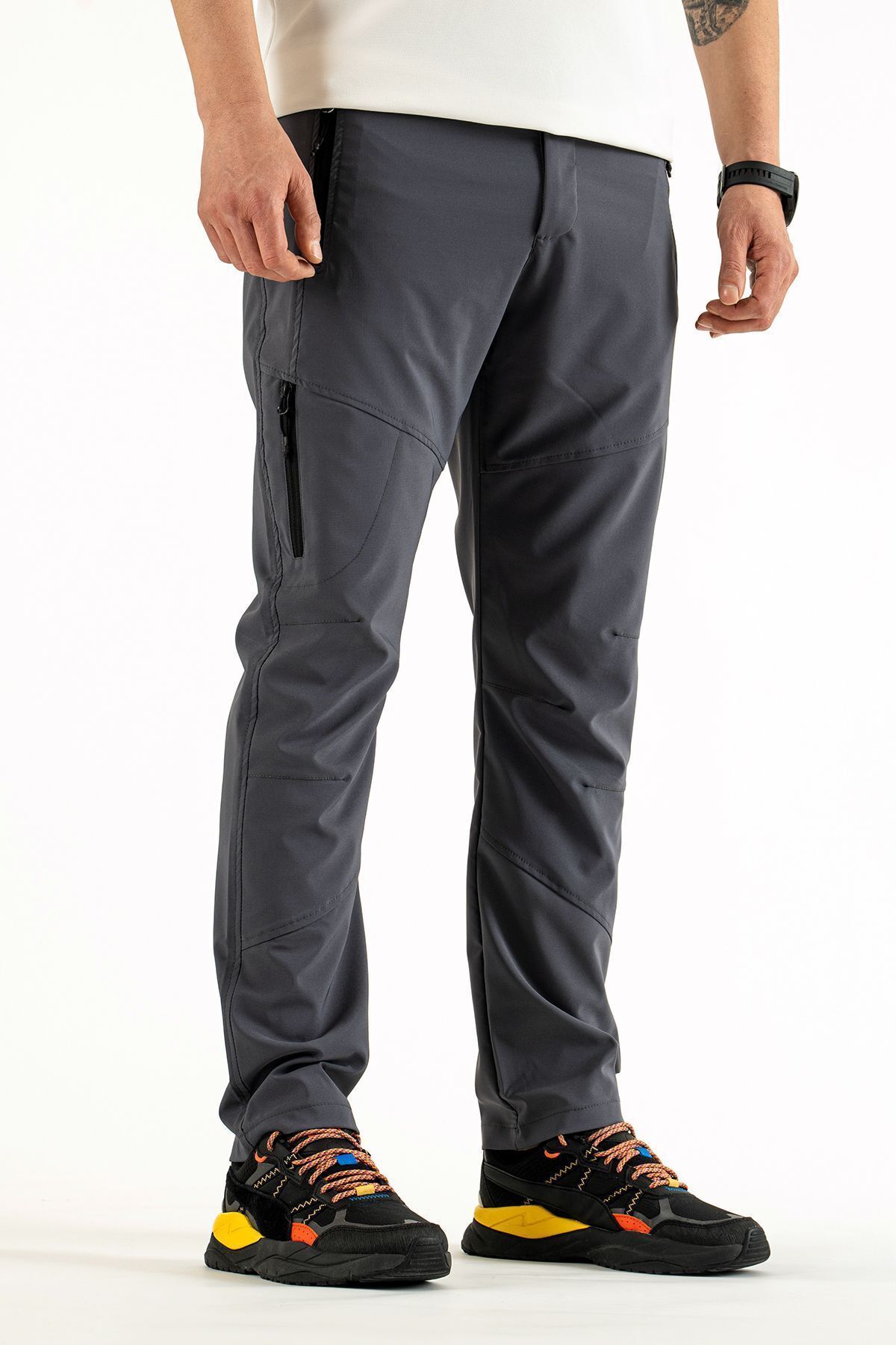 Erkek Gri Slim Fit Dar Kesim Boru Paça Nefes Alan Likralı Esnek Kumaş Outdoor Pantolon