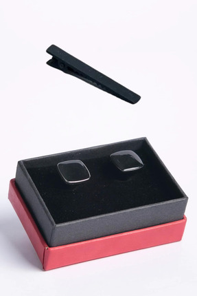 BAYEFENDİ Kravat Iğnesi Hediyeli Parlak Siyah Taşlı Kare Formlu Kol Düğmesi