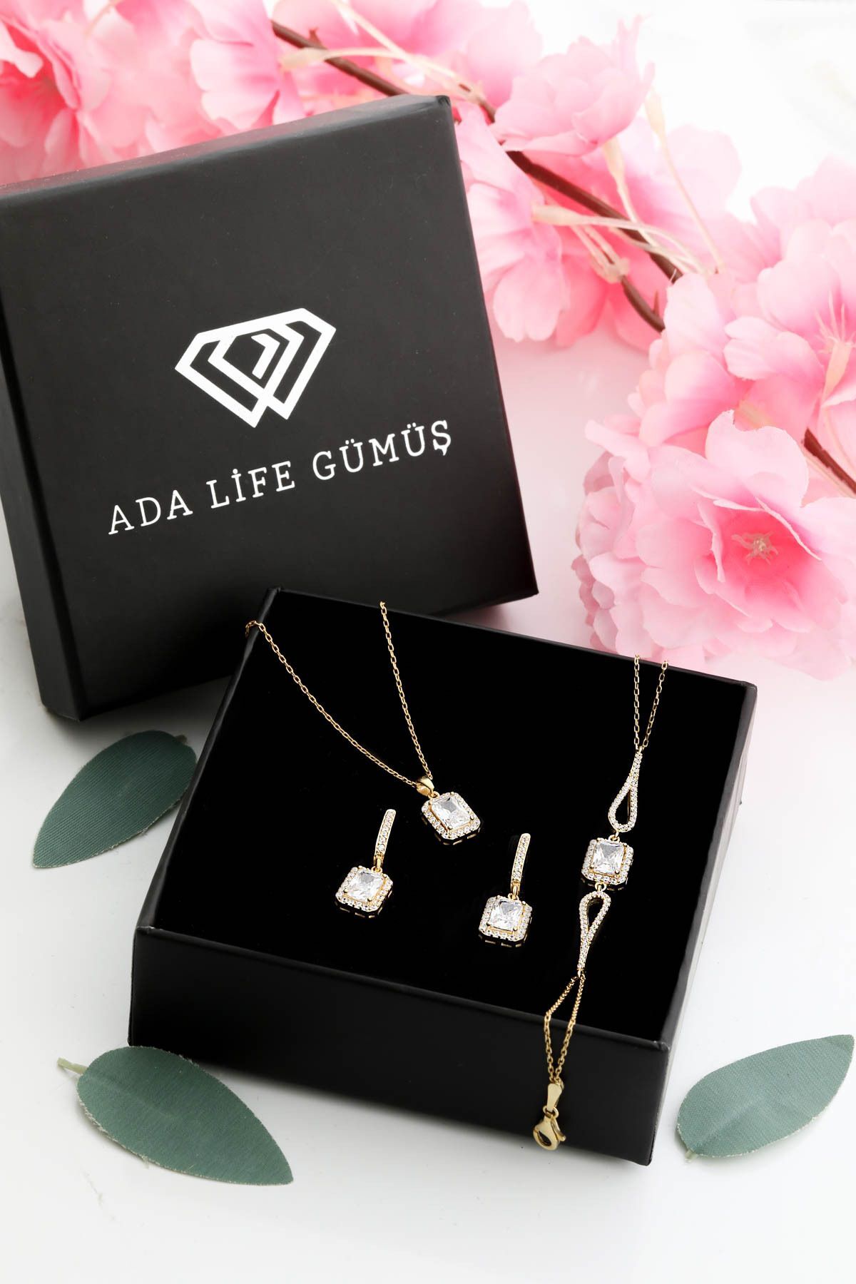 ADA LİFE GÜMÜŞ 925 Ayar Gümüş 3 Lü Tek Taş Baget Set (özel Kutulu) BİLEKLİK KÜPE KOLYE
