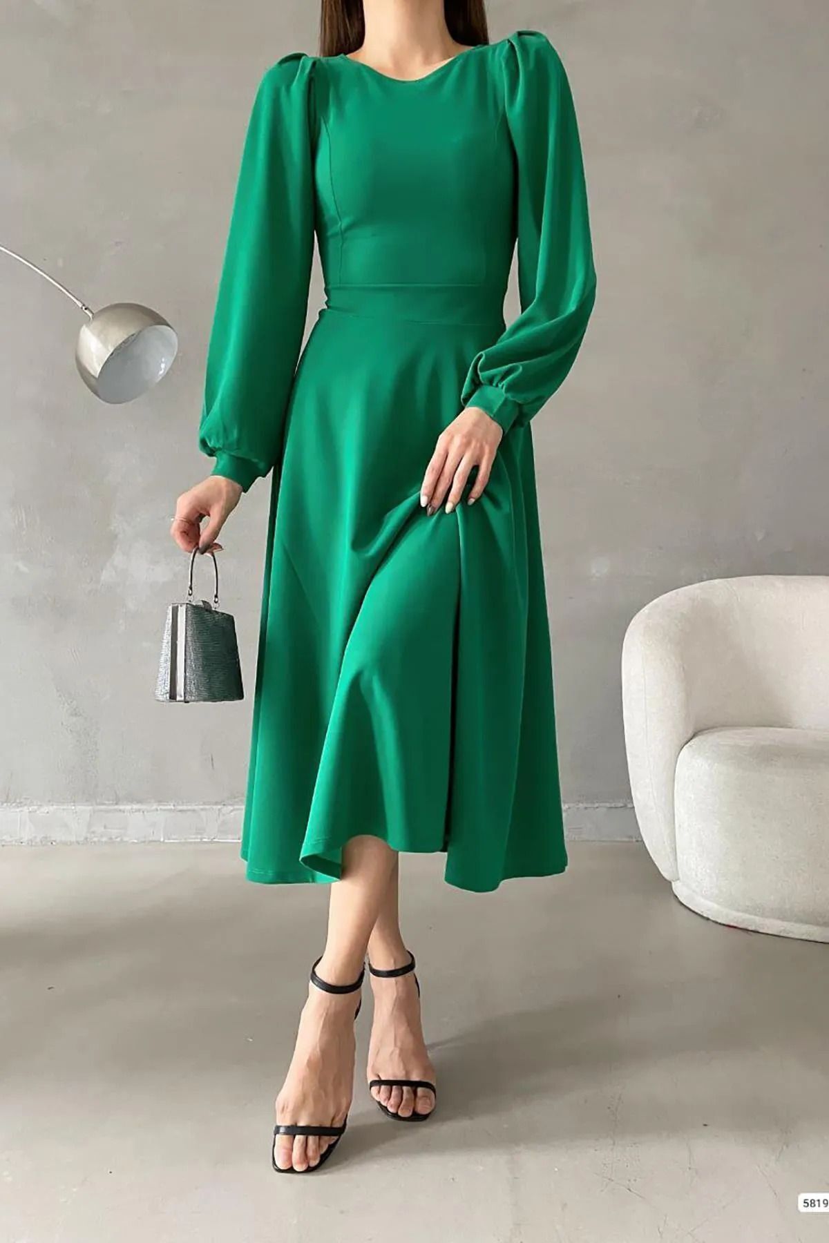 پیراهن میدی یقه گرد آستین بادکنکی سبز
