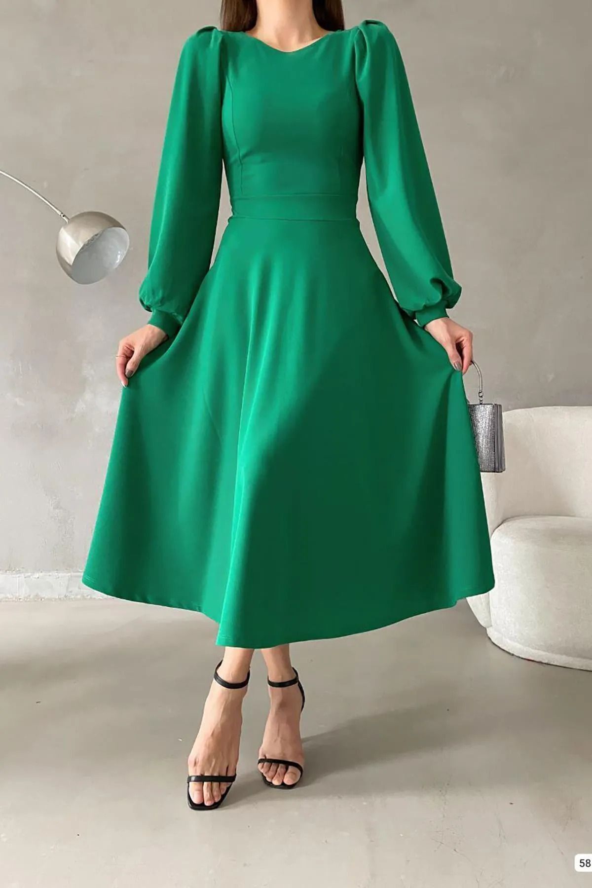 پیراهن میدی یقه گرد آستین بادکنکی سبز