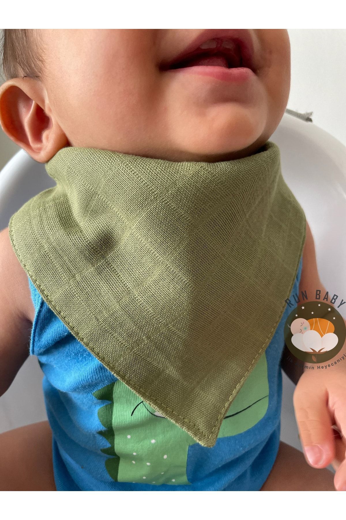 runbaby %100 Pamuk Bebek Yeşil Müslin Seti 75x75cm Örtü Fular Emzik Askısı fotoğrafı 3 (önizleme)