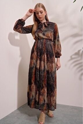 Kadın Haki Eteği Piliseli Desenli Şifon Elbise 21-1YB0079