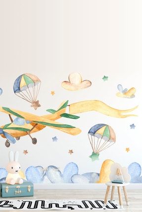 Renkli Yaşam Uçak Balonlar Yıldızlar Ve Bulutlar Duvar Sticker Seti 12785560