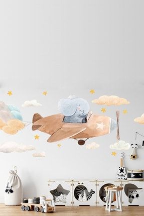 Balonlu Sevimli Pilot Fil Bulutlar ve Yıldızlar Duvar Sticker 12785643