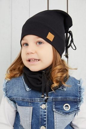 Kız Bebek Çocuk Siyah Ipli Şapka Bere Boyunluk Takım Rahat %100 Pamuklu Kaşkorse Yerli Üretim BG85501ST