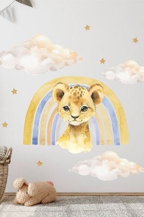 Sevimli Minik Aslan Gökkuşağı Bulutlar Ve Yıldızlar Çocuk Odası Duvar Sticker Seti 12785522