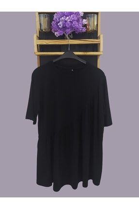 Bayan Siyah Kısa Kollu T-shirt, Önü Büzgü Detaylı VİSTA027
