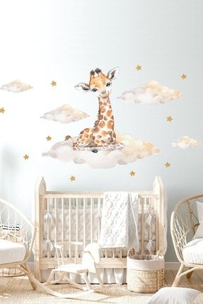 Sevimli Minik Zürafa Bulutlar Ve Yıldızlar Çocuk Odası Duvar Sticker 12785613