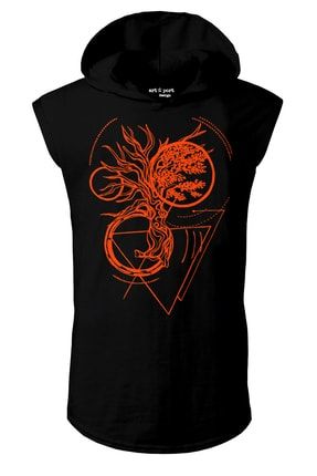 Unisex Soyut Ağaç Tasarım Kapşonlu Kolsuz Siyah T-shirt ART308