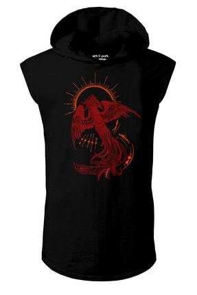 Siyah Anka Kuşu Tasarım Kapşonlu Kolsuz T-shirt ART343