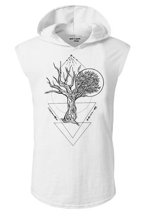 Unisex Beyaz Yaşam Ağacı Tasarım Kapşonlu Kolsuz T-shirt ART405