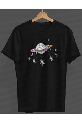 Unisex Kadın-erkek Salıncak Gezegen Siyah Yuvarlak Yaka T-shirt S23358042540SİYAHNVM