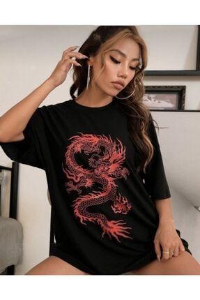 Kırmızı Dragon Baskı Oversize T-shirt